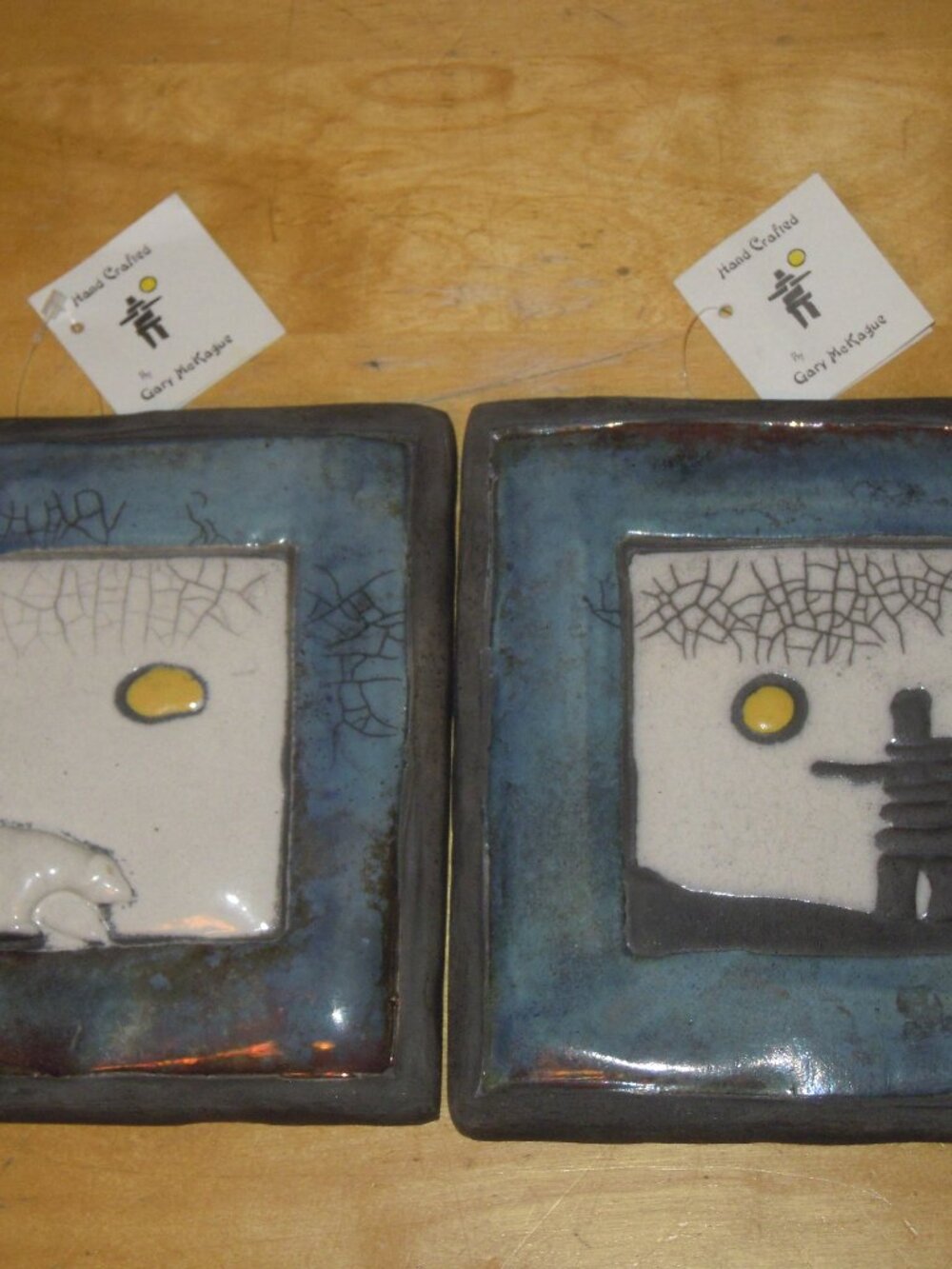 2 Vintage RAKU INUIT Wall Hanging Plaque Tile GARY MCKAGUE Bear Inukshuk Figure